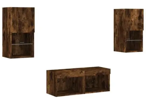 Comode TV de perete cu lumini LED, 4 piese, stejar fumuriu - 3/5