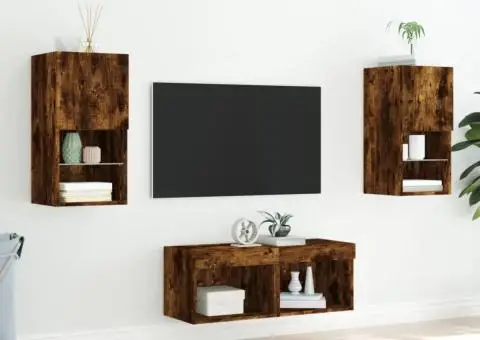Comode TV de perete cu lumini LED, 4 piese, stejar fumuriu - 4/5