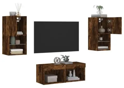 Comode TV de perete cu lumini LED, 4 piese, stejar fumuriu - 5/5