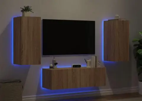 Comode TV de perete cu lumini LED, 3 piese, stejar sonoma - 1/5