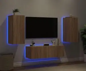 vidaXL Comode TV de perete cu lumini LED, 3 piese, stejar sonoma