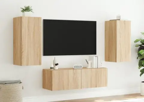 Comode TV de perete cu lumini LED, 3 piese, stejar sonoma - 4/5