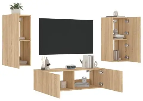 Comode TV de perete cu lumini LED, 3 piese, stejar sonoma - 5/5