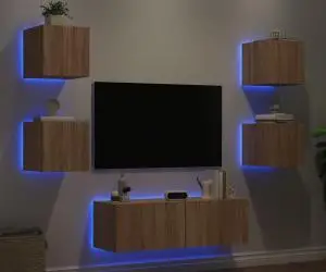 vidaXL Comode TV de perete cu lumini LED, 5 piese, stejar sonoma
