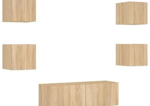 Comode TV de perete cu lumini LED, 5 piese, stejar sonoma - 3/5