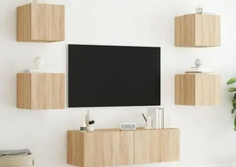 Comode TV de perete cu lumini LED, 5 piese, stejar sonoma - 4/5