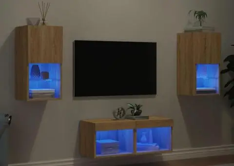 Comode TV de perete cu lumini LED, 4 piese, stejar sonoma - 1/5