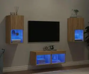 vidaXL Comode TV de perete cu lumini LED, 4 piese, stejar sonoma