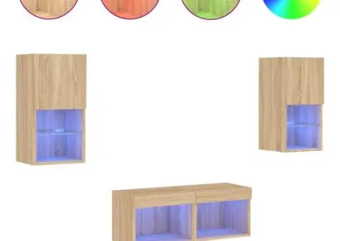 Comode TV de perete cu lumini LED, 4 piese, stejar sonoma - 2/5