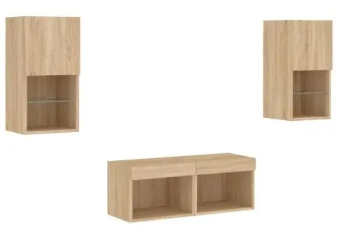 Comode TV de perete cu lumini LED, 4 piese, stejar sonoma - 3/5