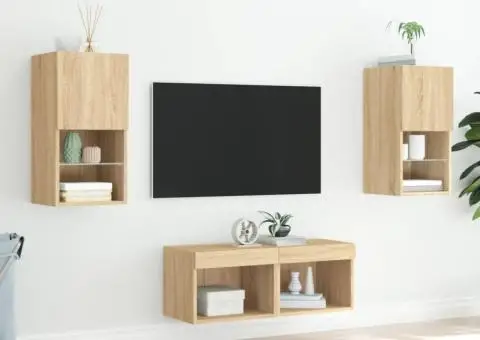 Comode TV de perete cu lumini LED, 4 piese, stejar sonoma - 4/5
