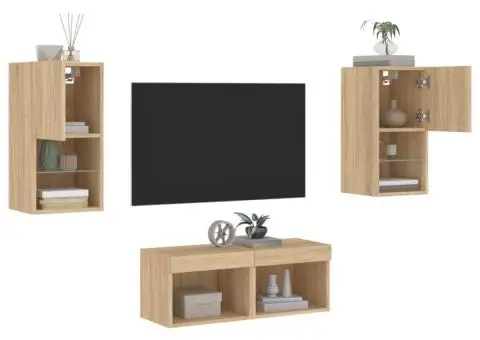 Comode TV de perete cu lumini LED, 4 piese, stejar sonoma - 5/5