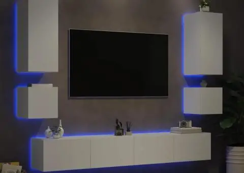 Comode TV de perete cu lumini LED, 6 piese, alb - 1/5