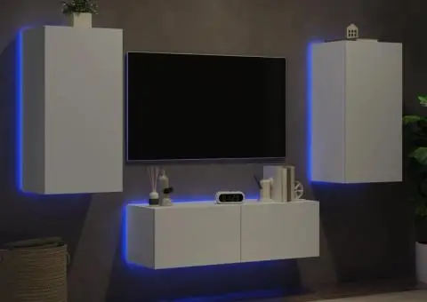 Comode TV de perete cu lumini LED, 3 piese, alb - 1/5