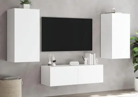 Comode TV de perete cu lumini LED, 3 piese, alb - 4/5