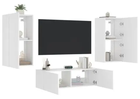 Comode TV de perete cu lumini LED, 3 piese, alb - 5/5