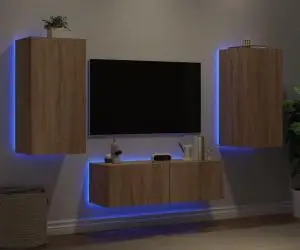 vidaXL Comode TV de perete cu lumini LED, 3 piese, stejar sonoma