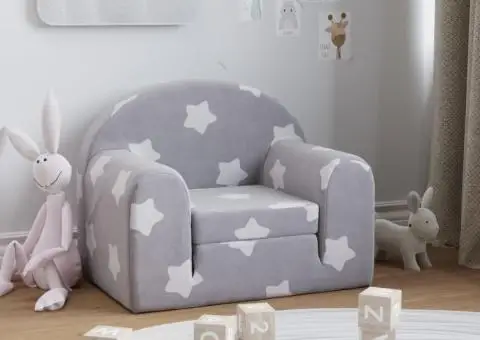 Canapea extensibilă de copii, gri deschis cu stele, pluș moale - 1/5