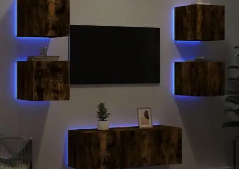Unități de perete TV cu LED-uri, 6 piese, stejar fumuriu, lemn - 1/5
