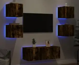 vidaXL Unități de perete TV cu LED-uri, 6 piese, stejar fumuriu, lemn