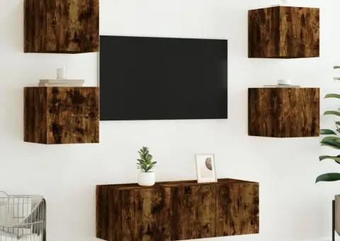 Unități de perete TV cu LED-uri, 6 piese, stejar fumuriu, lemn - 4/5