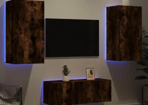 Unități de perete TV cu LED-uri, 4 piese, stejar fumuriu, lemn - 1/5