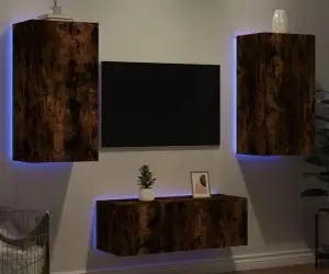 vidaXL Unități de perete TV cu LED-uri, 4 piese, stejar fumuriu, lemn