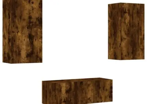 Unități de perete TV cu LED-uri, 4 piese, stejar fumuriu, lemn - 3/5