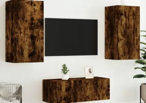 Unități de perete TV cu LED-uri, 4 piese, stejar fumuriu, lemn - 4/5