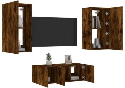 Unități de perete TV cu LED-uri, 4 piese, stejar fumuriu, lemn - 5/5