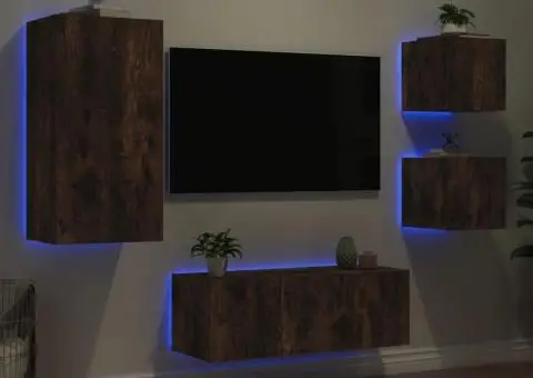 Unități de perete TV cu LED-uri, 5 piese, stejar fumuriu, lemn - 1/5