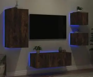vidaXL Unități de perete TV cu LED-uri, 5 piese, stejar fumuriu, lemn