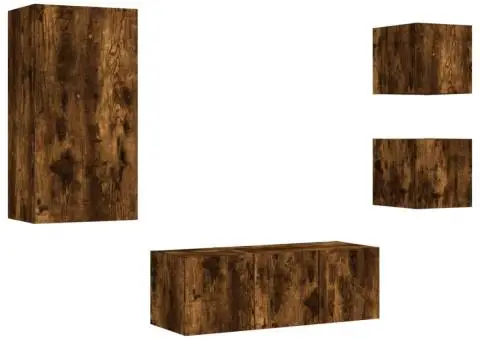 Unități de perete TV cu LED-uri, 5 piese, stejar fumuriu, lemn - 3/5