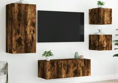 Unități de perete TV cu LED-uri, 5 piese, stejar fumuriu, lemn - 4/5