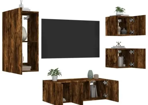 Unități de perete TV cu LED-uri, 5 piese, stejar fumuriu, lemn - 5/5