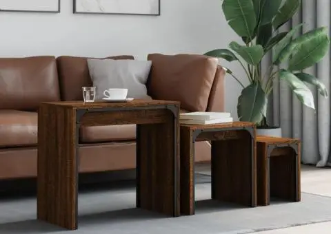 Mese suprapuse de cafea, 3 buc, stejar maro, lemn prelucrat - 1/5