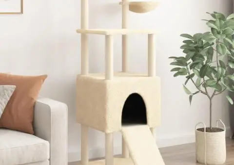 Ansamblu de pisici cu stâlpi din funie de sisal, crem, 153 cm - 1/5