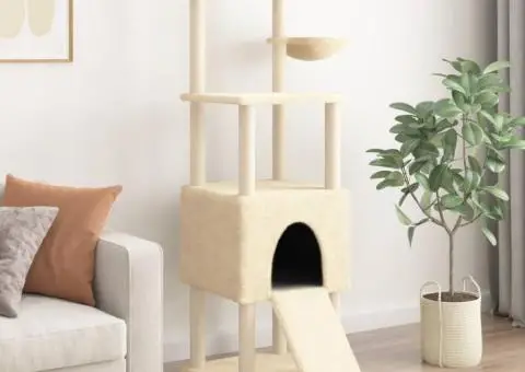 Ansamblu de pisici cu stâlpi din funie de sisal, crem, 153 cm - 3/5
