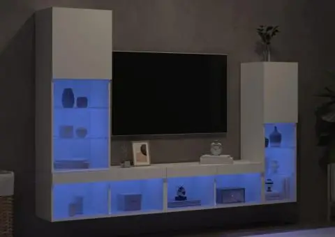 Unități de perete TV cu LED-uri, 4 piese, alb, lemn prelucrat - 1/5