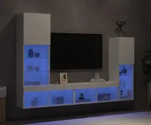 vidaXL Unități de perete TV cu LED-uri, 4 piese, alb, lemn prelucrat