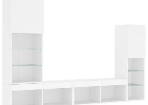 Unități de perete TV cu LED-uri, 4 piese, alb, lemn prelucrat - 3/5