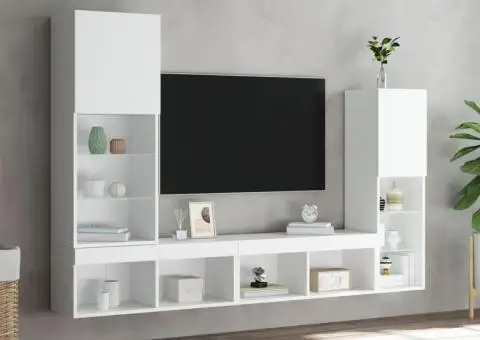 Unități de perete TV cu LED-uri, 4 piese, alb, lemn prelucrat - 4/5