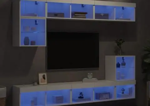 Unități de perete TV cu LED-uri, 8 piese, alb, lemn prelucrat - 1/5