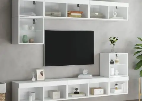 Unități de perete TV cu LED-uri, 8 piese, alb, lemn prelucrat - 4/5