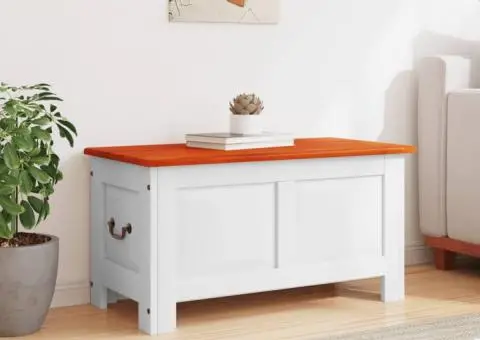 Cufăr de depozitare cu capac, maro și alb, lemn masiv de acacia - 3/5