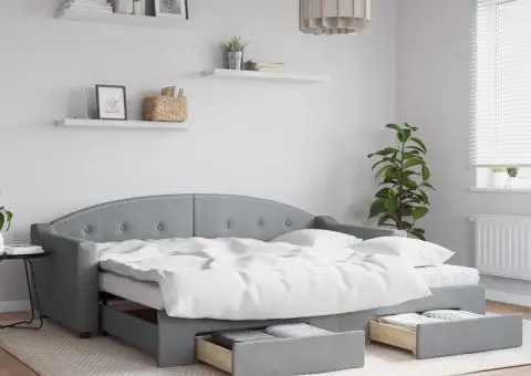 Pat de zi cu extensie și sertare, gri deschis, 90x200cm textil - 1/5