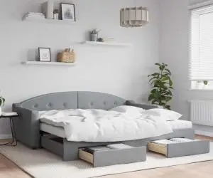 vidaXL Pat de zi cu extensie și sertare, gri deschis, 90x200cm textil