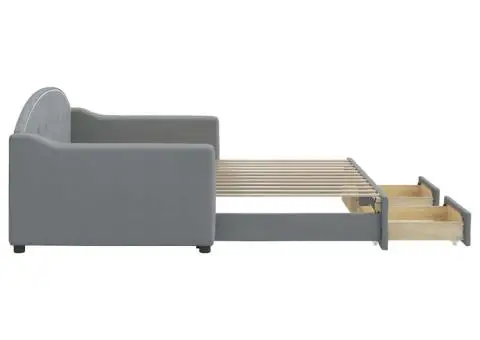 Pat de zi cu extensie și sertare, gri deschis, 90x200cm textil - 4/5