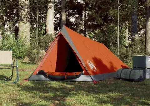 Cort de camping pentru 2 persoane, gri/portocaliu, impermeabil - 3/5