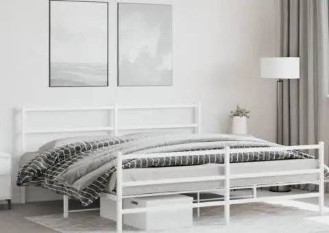 Cadru pat metalic cu tăblie de cap/picioare , alb, 200x200 cm - 1/5